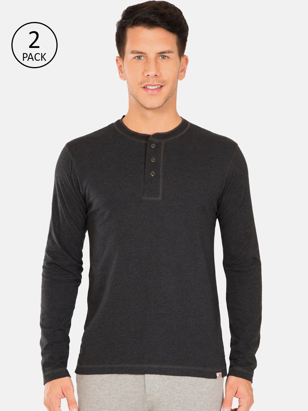 

Jockey Men Black Melange Solid Modern Fit Henley Neck Pure Cotton T-shirt