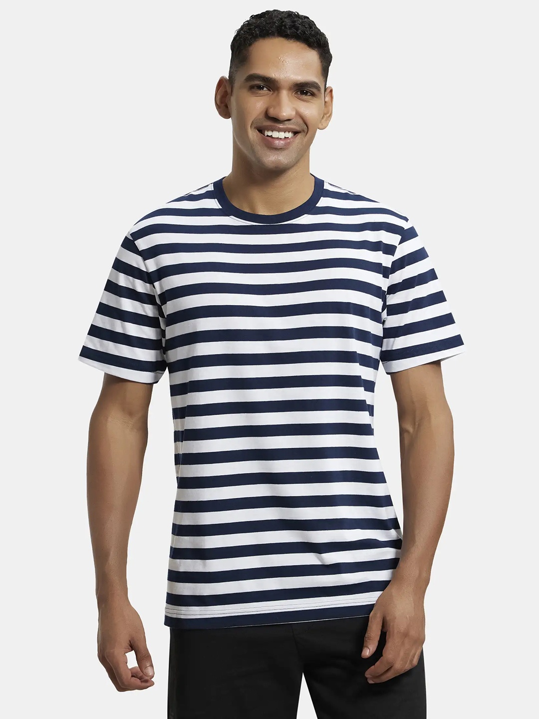 

Jockey Men Navy Blue White Striped Round Neck Pure Cotton T-shirt