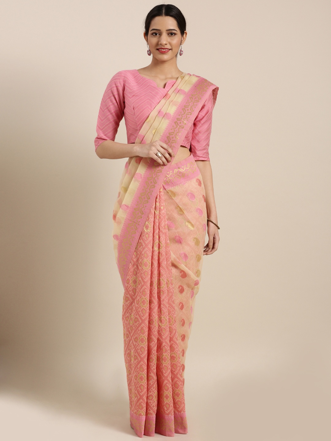 

Aarrah Women Pink & Cream-Coloured Silk Cotton Woven Design Banarasi Saree