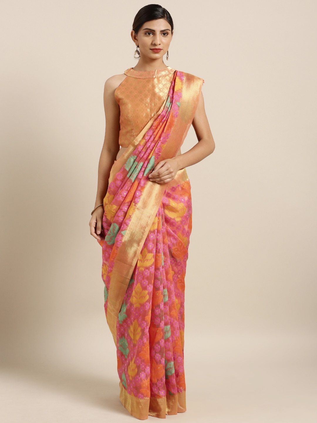 

Aarrah Pink Silk Cotton Woven Design Banarasi Saree
