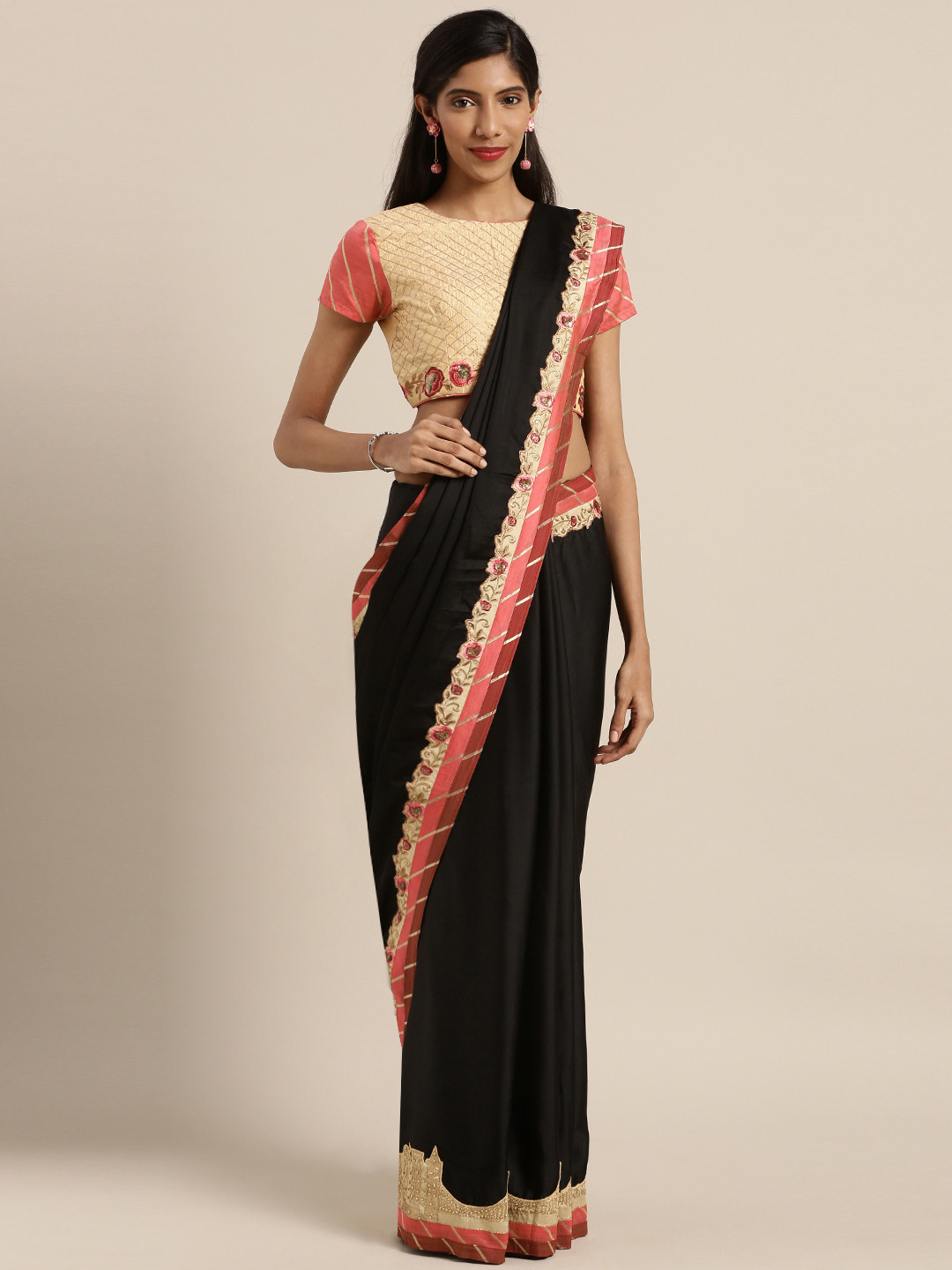 

Aarrah Black Embroidered Satin Saree