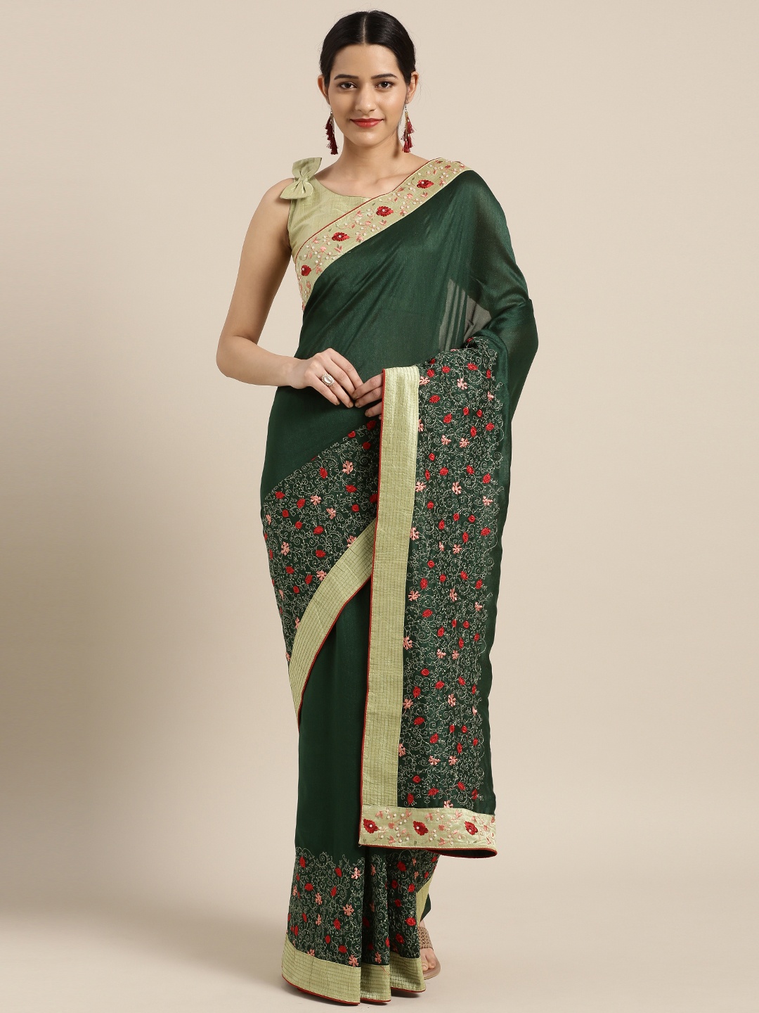 

Aarrah Women Green Embroidered Pure Silk Saree