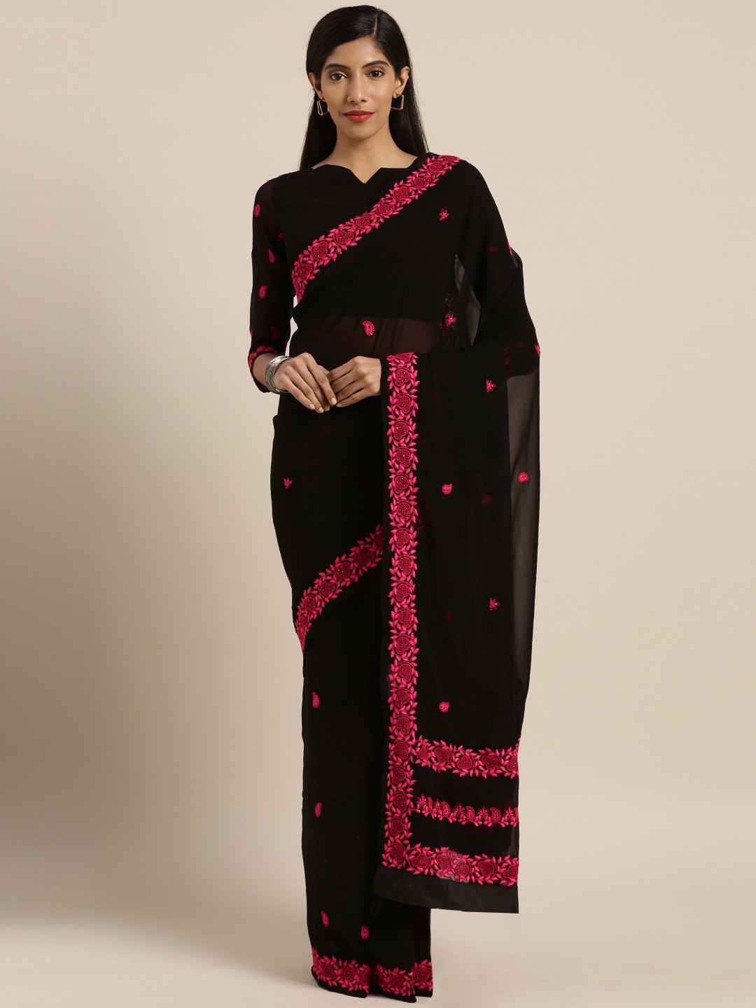 

Aarrah Black & Magenta Pure Georgette Embroidered Saree
