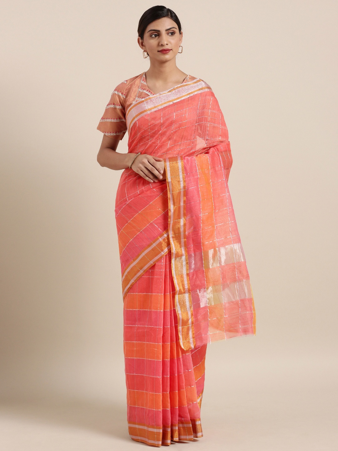 

Aarrah Pink & Orange Pure Linen Checked Saree