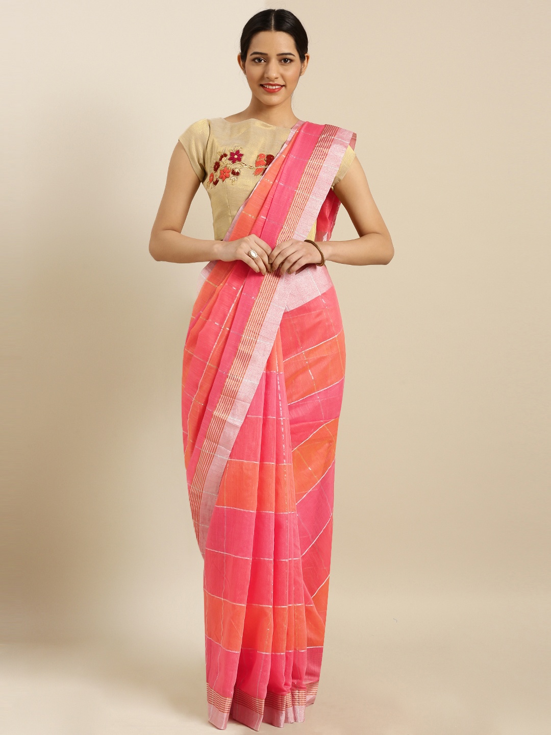 

Aarrah Women Coral Pink & Peach-Coloured Pure Linen Checked Saree