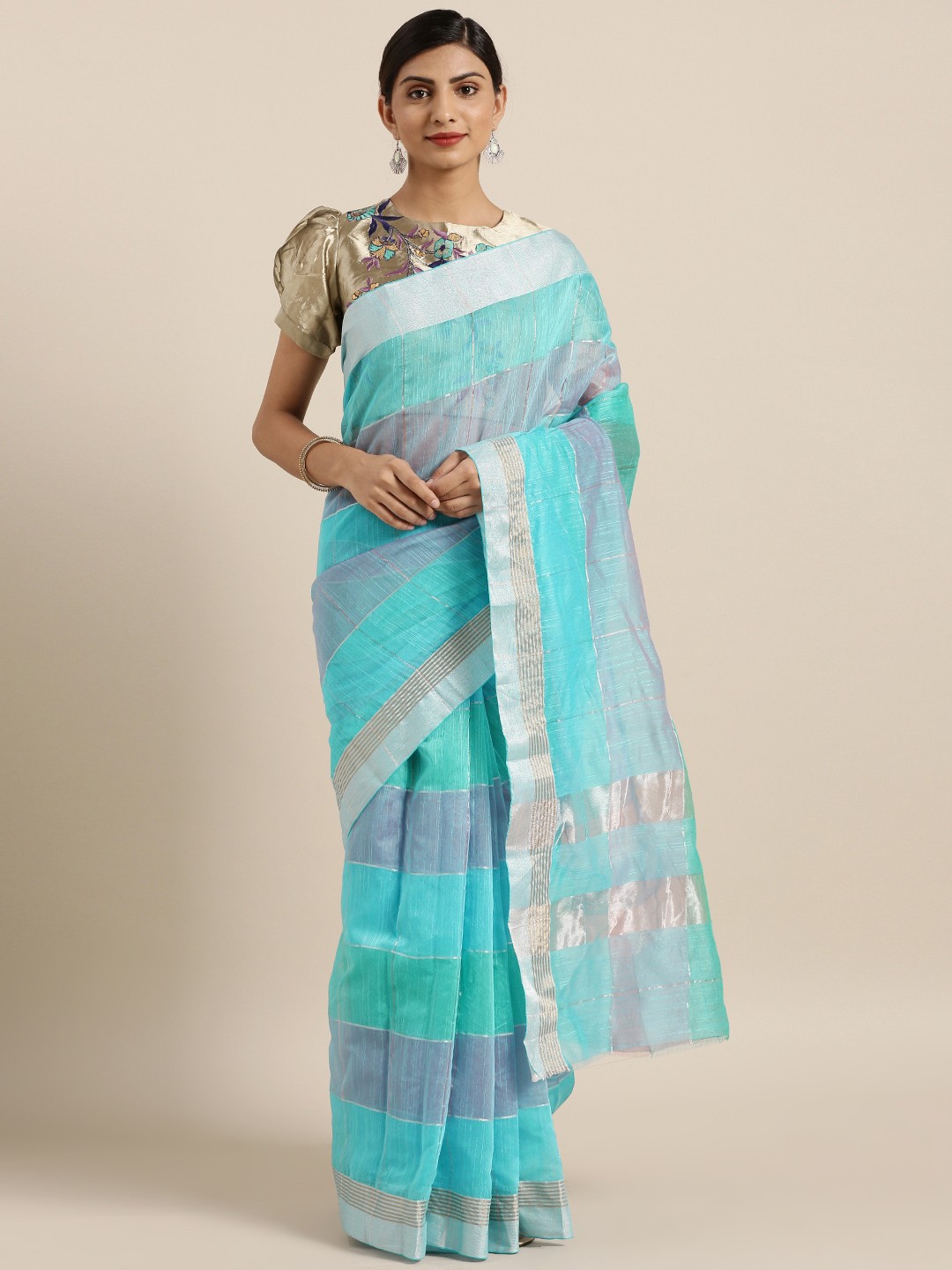 

Aarrah Blue Checked Pure Linen Saree