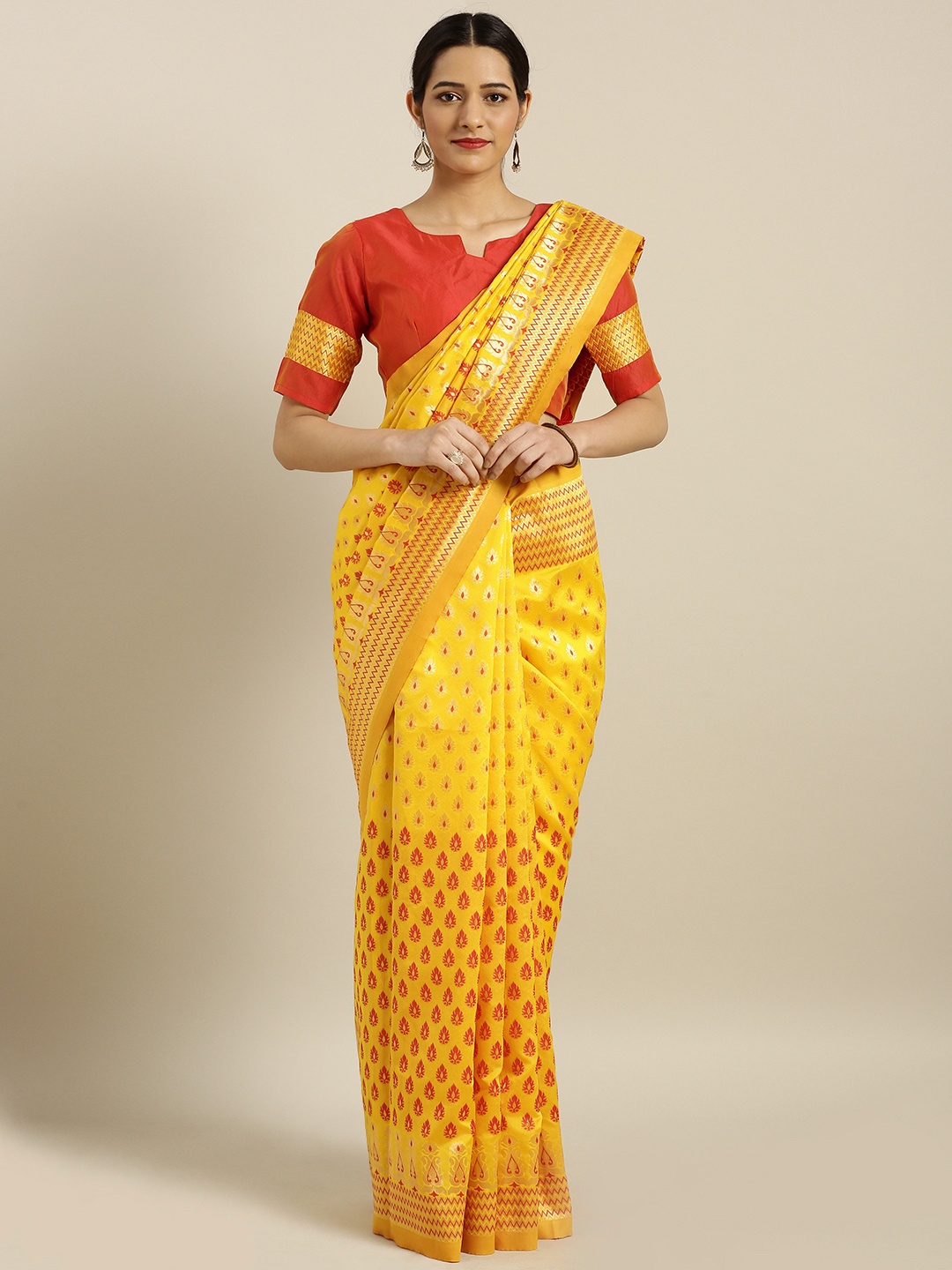 

Aarrah Women Mustard Yellow & Red Pure Silk Woven Design Banarasi Saree