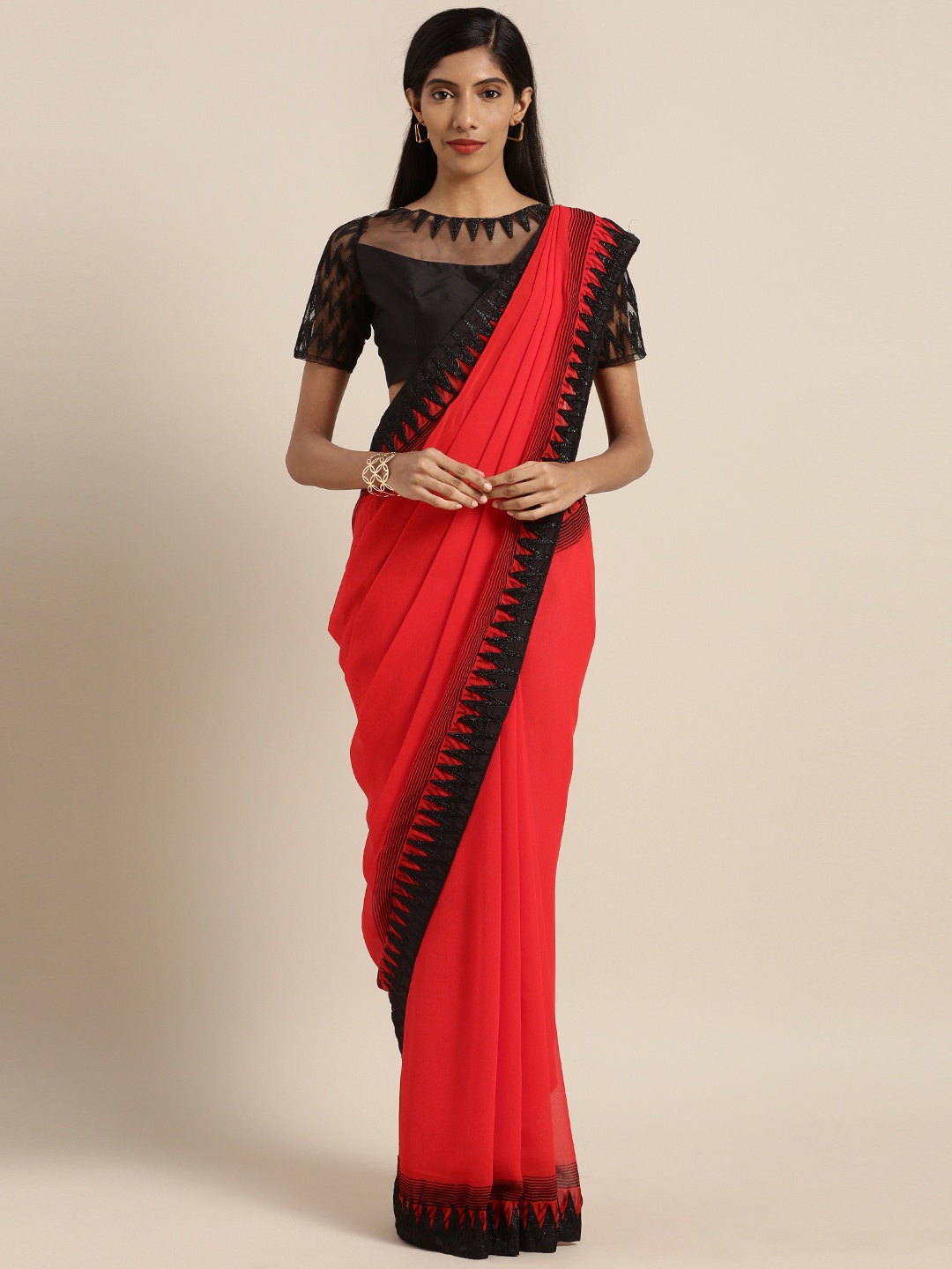 

Aarrah Red Solid Pure Georgette Saree