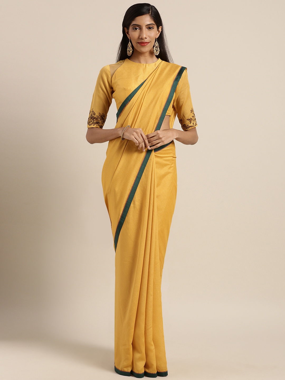 

Aarrah Mustard Yellow Solid Pure Georgette Saree