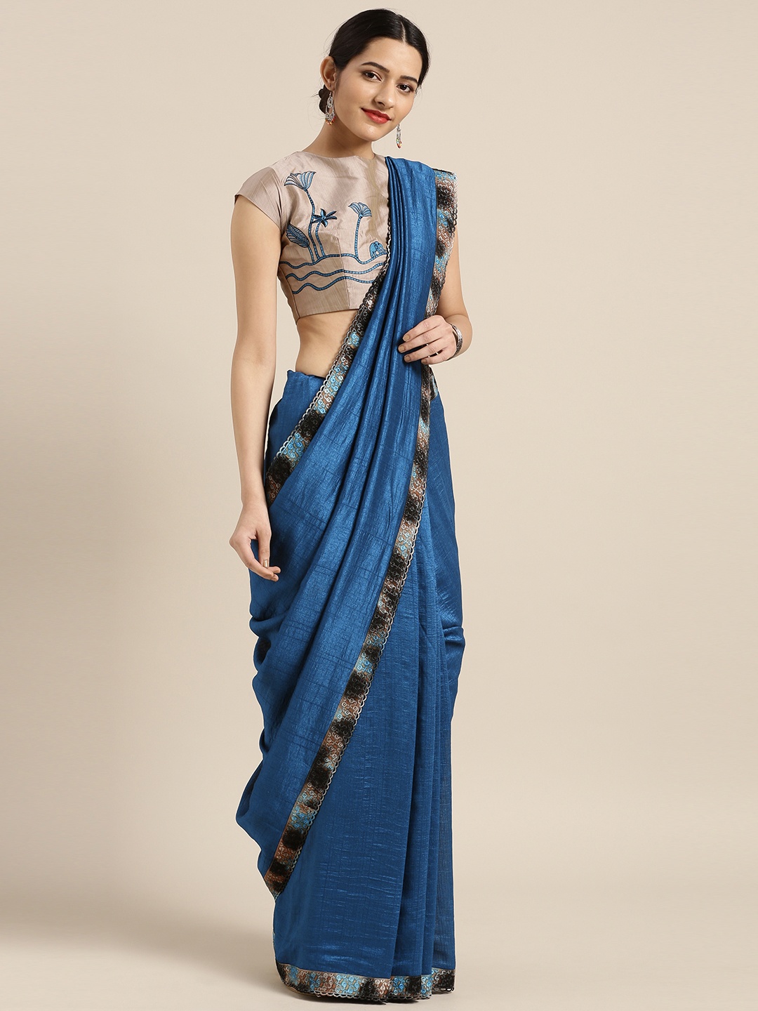 

Aarrah Teal Blue Solid Pure Silk Saree