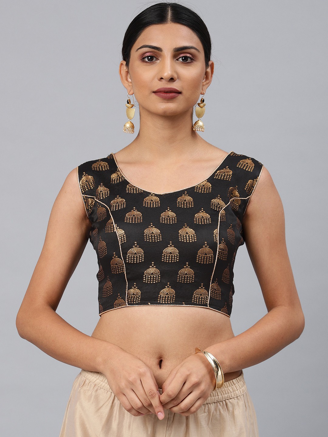 

Aarrah Black & Gold-Toned Brocade Woven Padded Saree Blouse