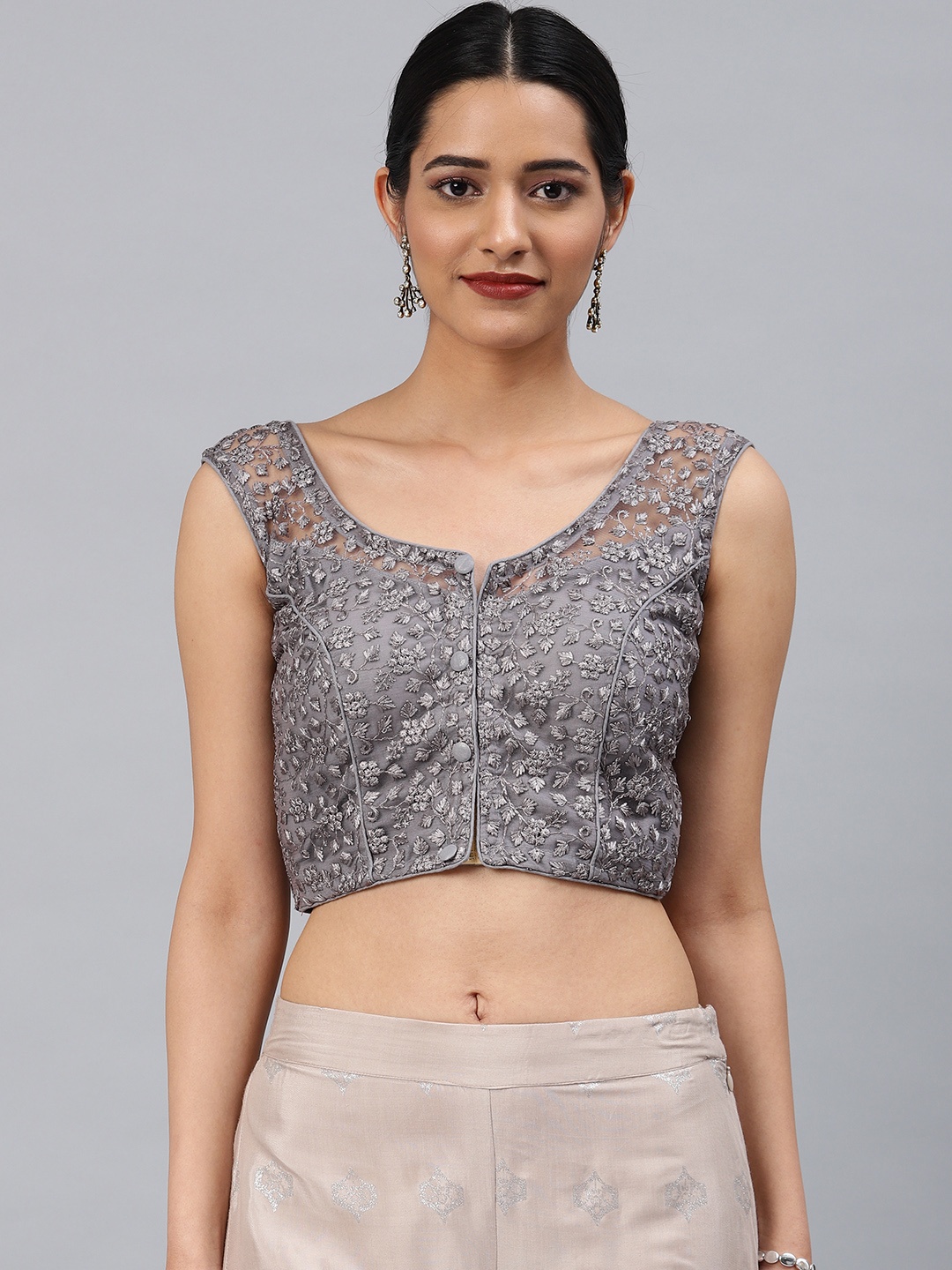 

Aarrah Grey Embroidered Phantom Padded Ready Made Net Saree Blouse