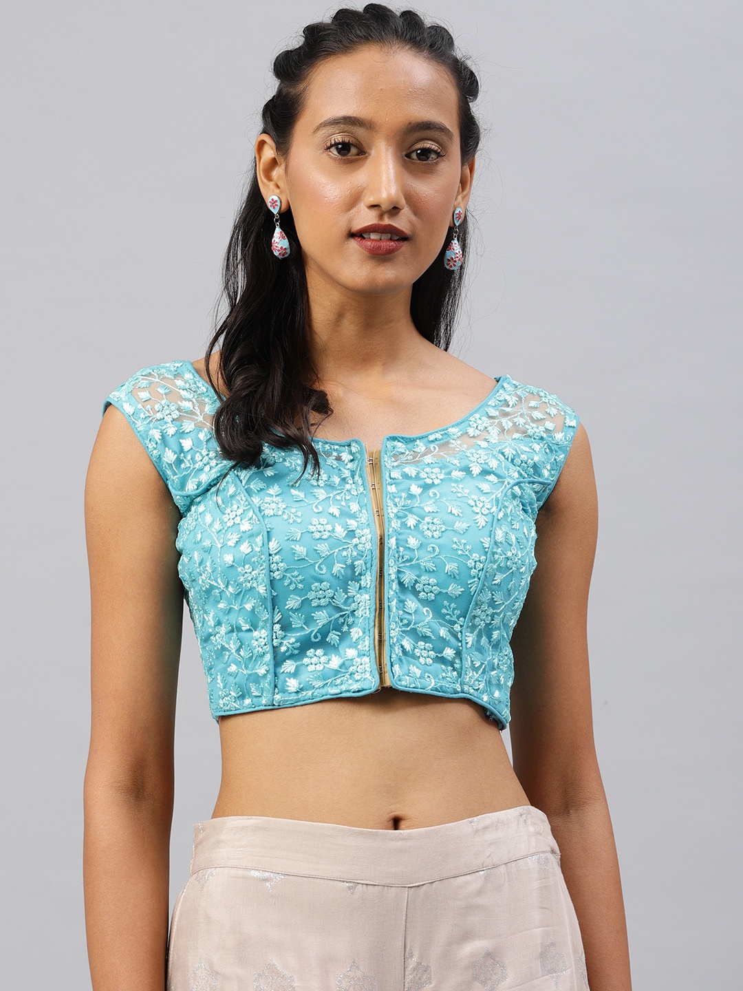 

Aarrah Turquoise Blue Embroidered Cotton Padded Saree Blouse