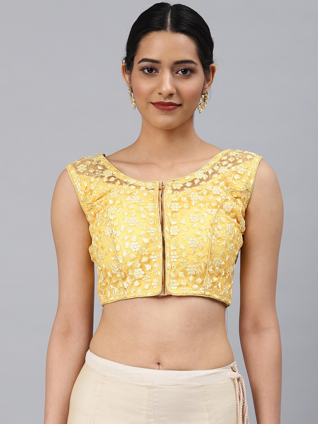 

Aarrah Women Light Yellow Embroidered Padded Ready Made Net Saree Blouse