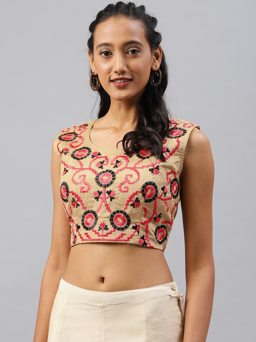 

Aarrah Beige & Pink Jacquard Embroidered Padded Saree Blouse