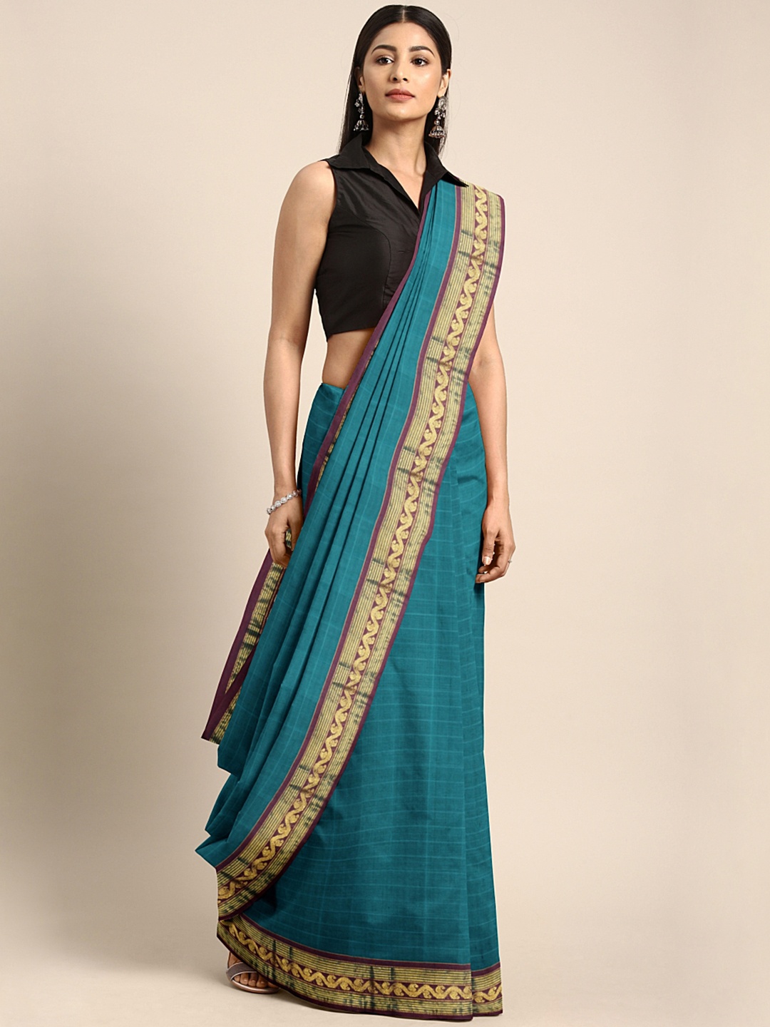 

Pavechas Teal Blue Pure Cotton Striped Venkatgiri Saree