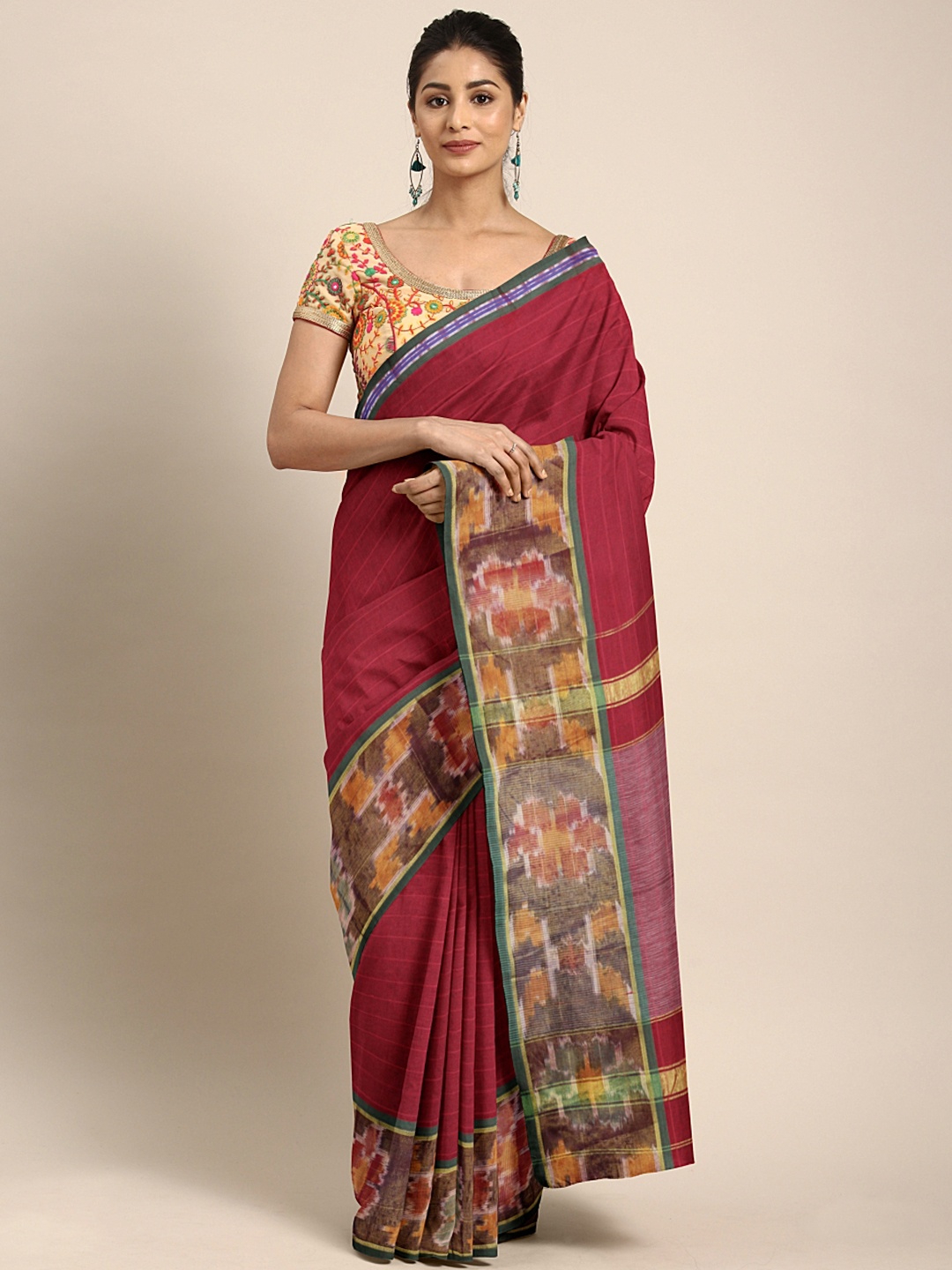 

Pavechas Maroon Pure Cotton Striped Pochampally Saree