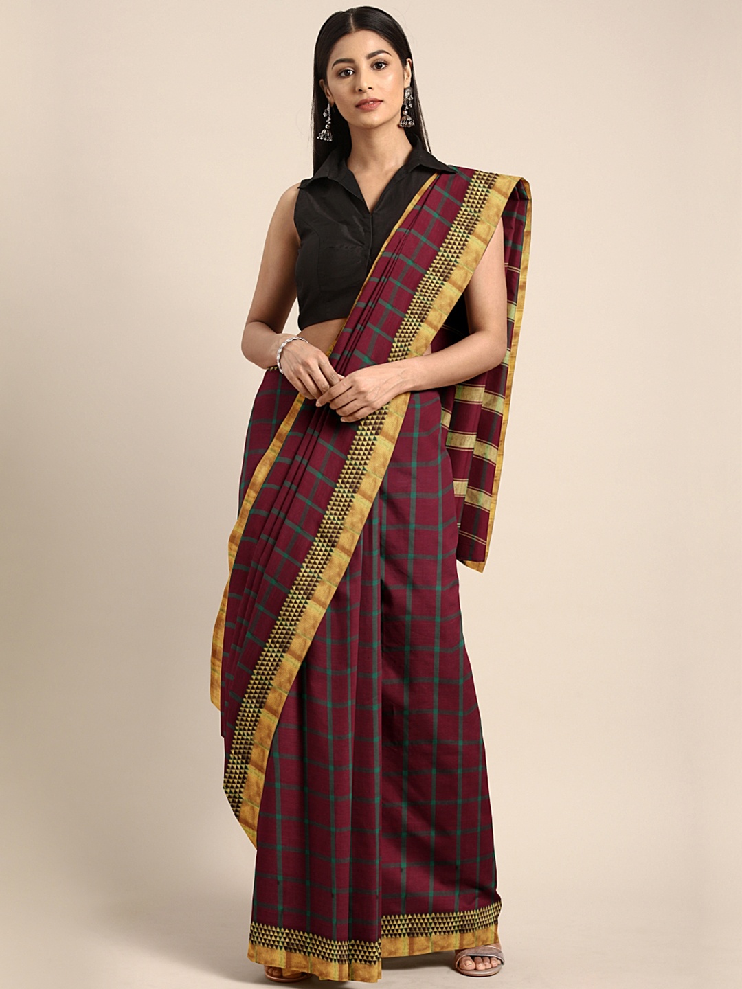 

Pavechas Maroon & Green Pure Cotton Checked Venkatgiri Saree