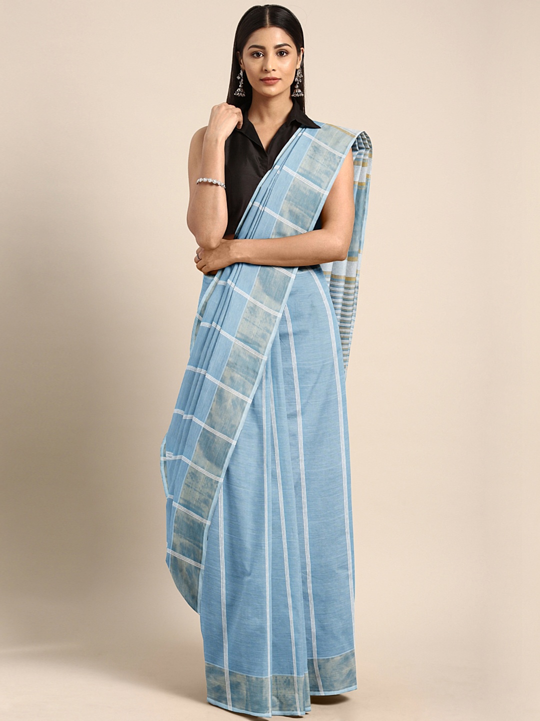 

Pavechas Blue & White Pure Cotton Striped Venkatgiri Saree