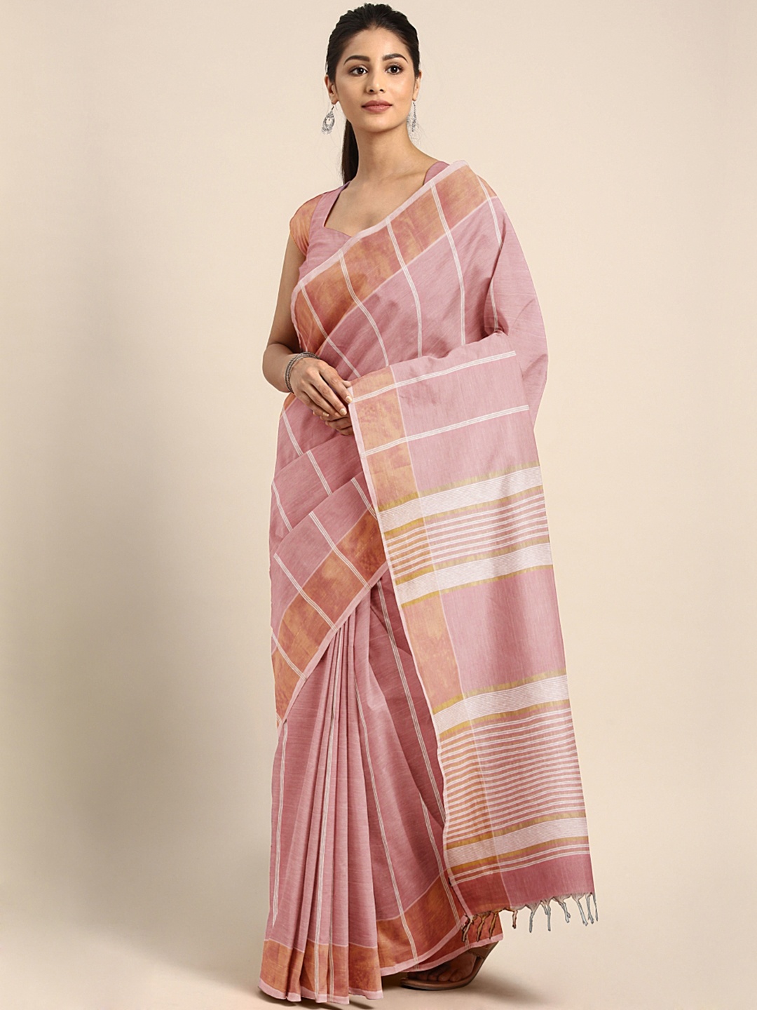 

Pavechas Pink & White Pure Cotton Striped Venkatgiri Saree