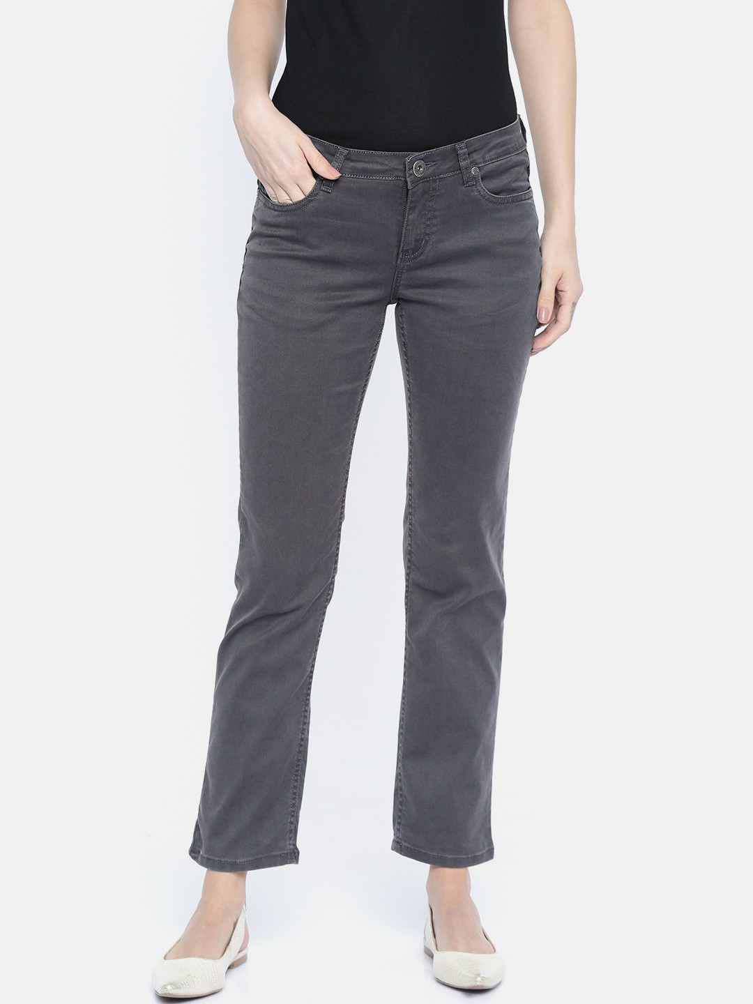 

People Women Grey Straight Fit Mid-Rise Clean Look Stretchable Jeans