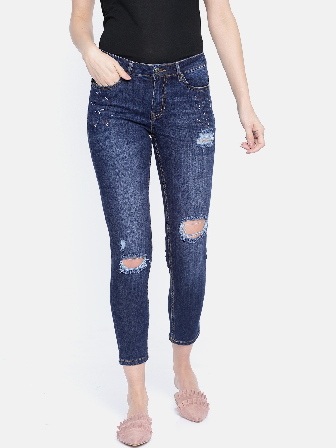 

People Women Blue Slim Fit Mid-Rise Mildly Distressed Stretchable Jeans