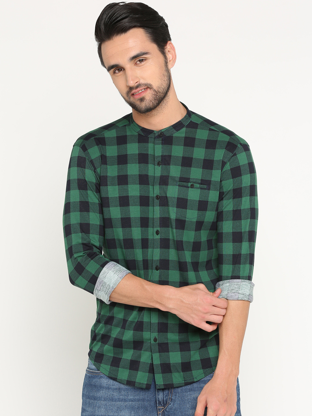 

SHOWOFF Men Green & Blue Slim Fit Checked Casual Shirt