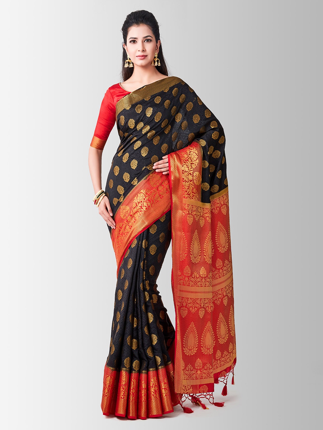 

MIMOSA Black & Red Art Silk Woven Design Kanjeevaram Saree