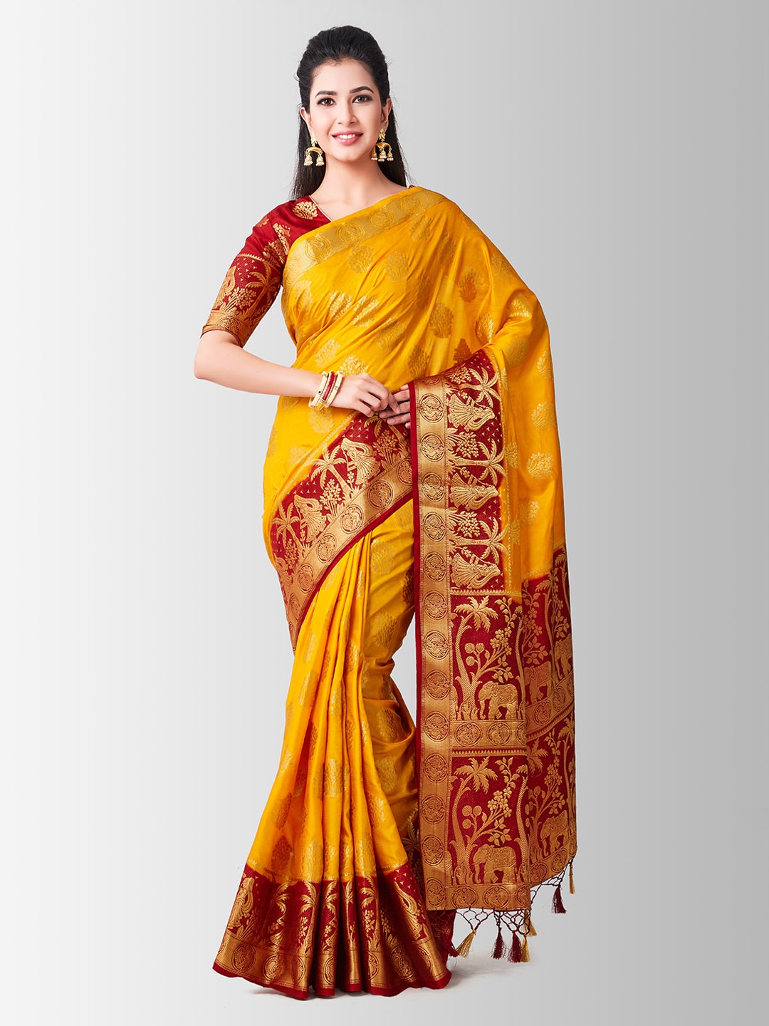 

MIMOSA Yellow & Maroon Art Silk Woven Design Kanjeevaram Saree
