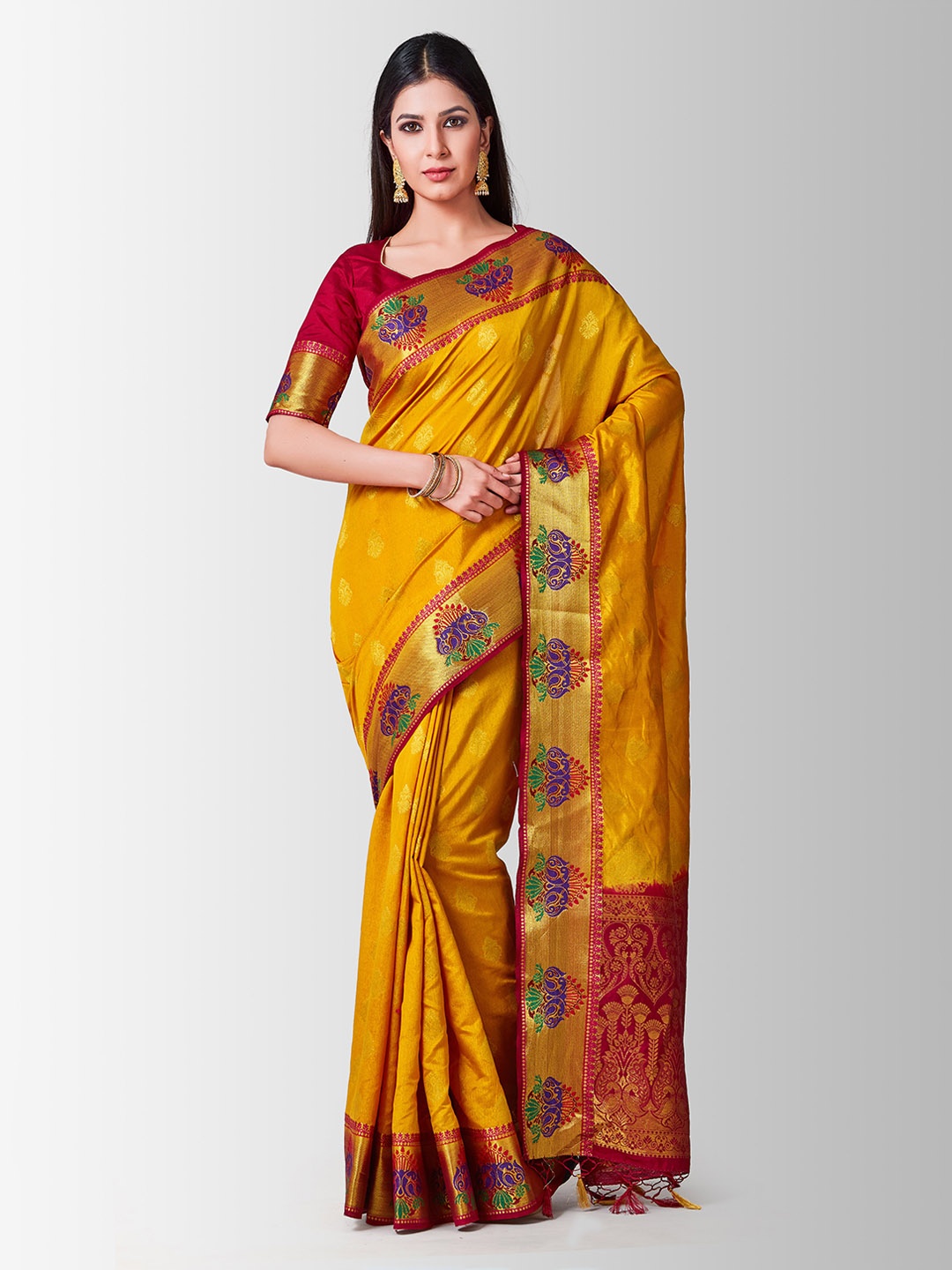 

MIMOSA Orange & Maroon Art Silk Printed Kanjeevaram Saree