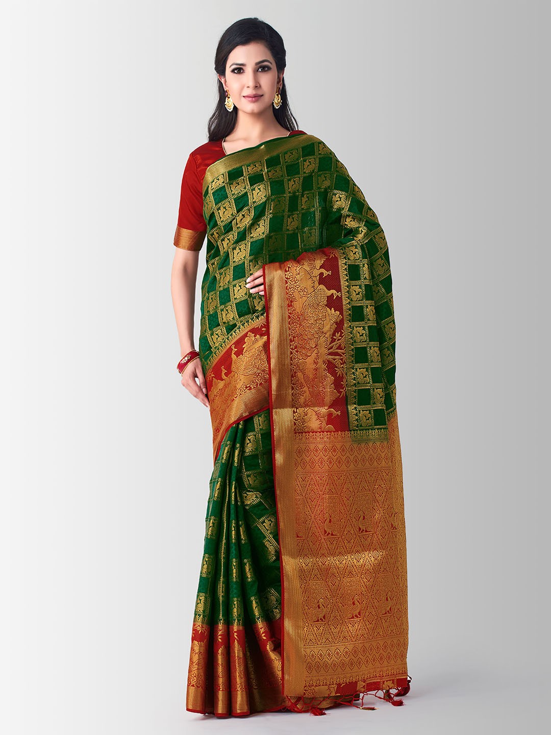

MIMOSA Green & Red Art Silk Woven Design Kanjeevaram Saree