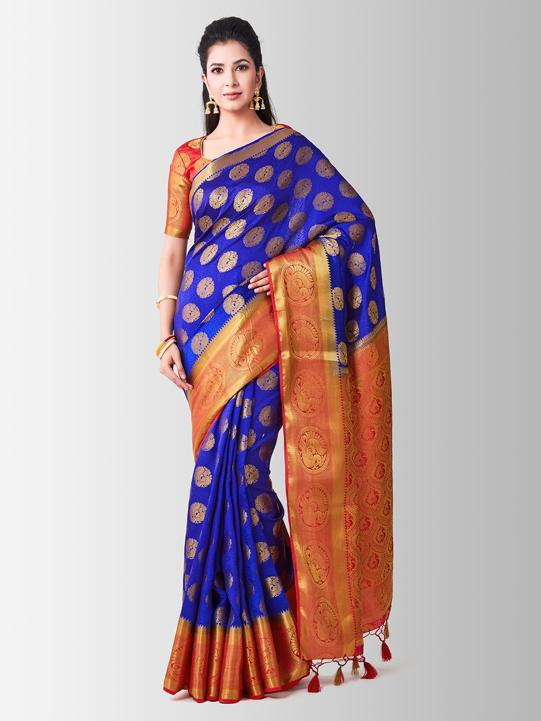 

MIMOSA Blue & Red Art Silk Woven Design Kanjeevaram Saree