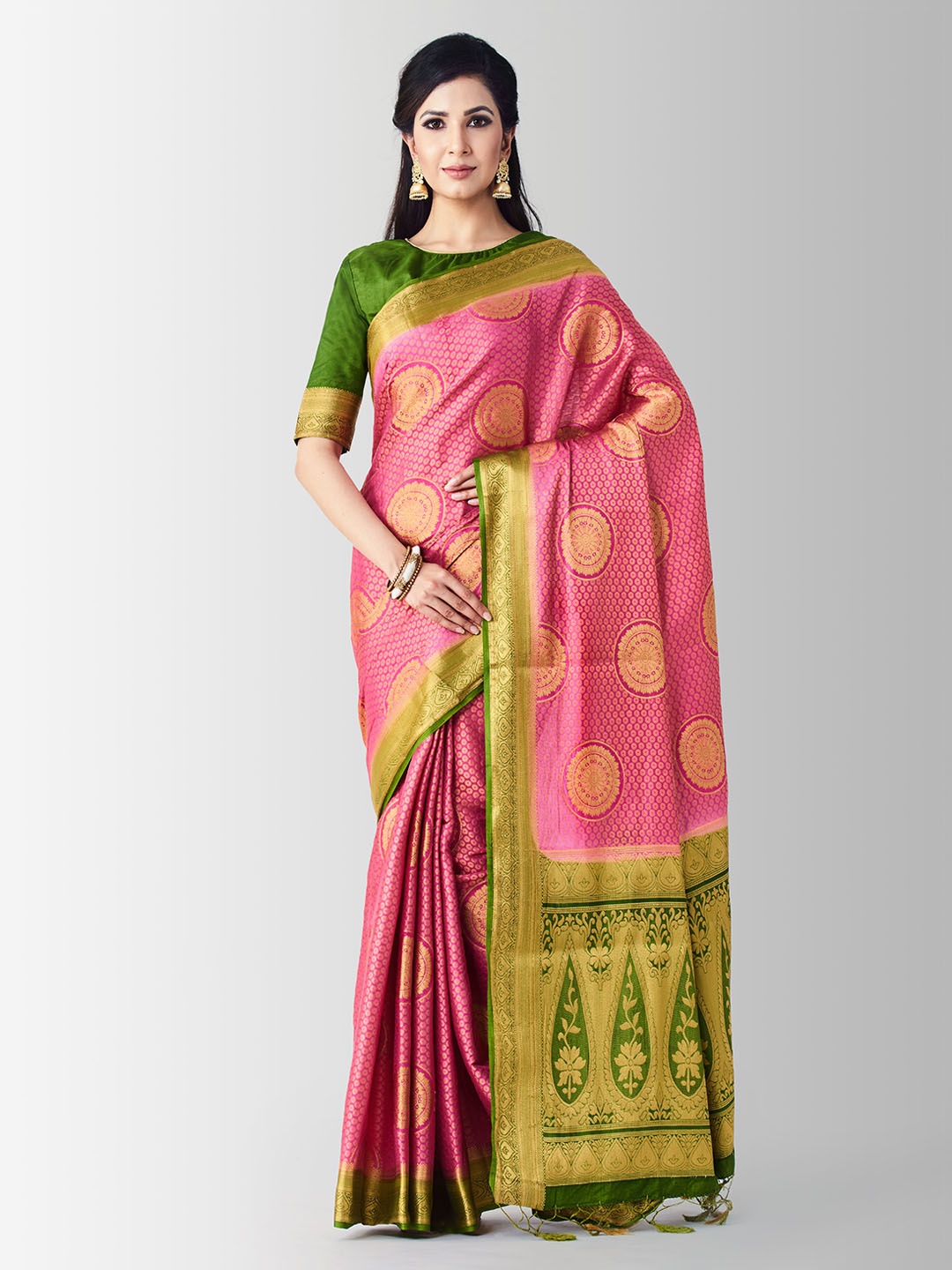 

MIMOSA Pink & Green Art Silk Woven Design Kanjeevaram Saree