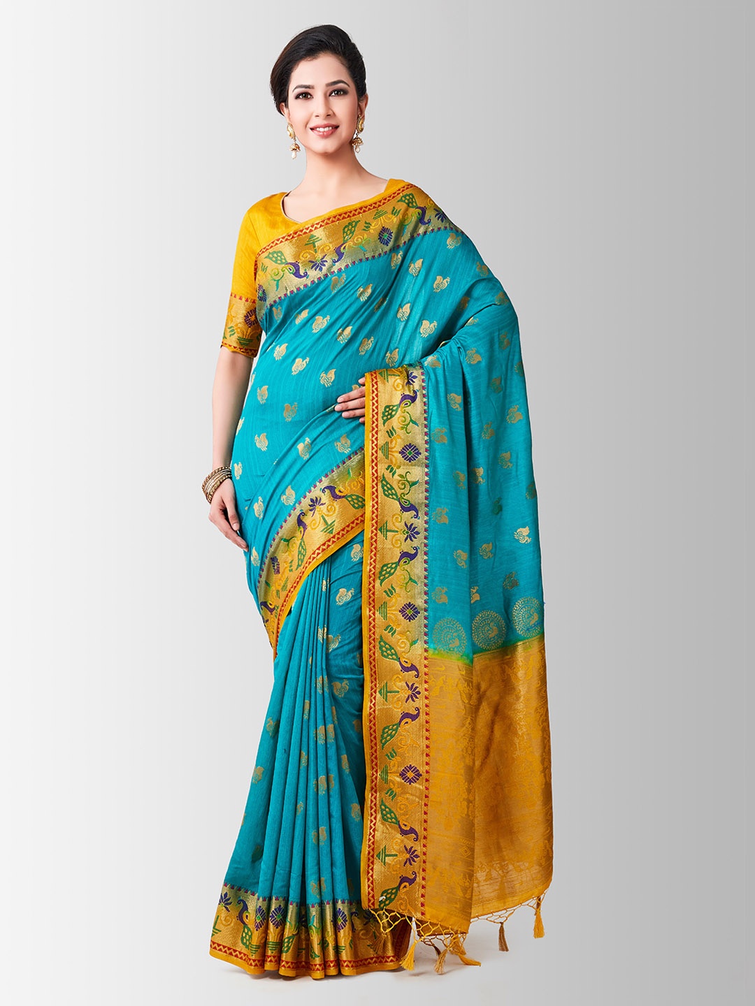 

MIMOSA Turquoise Blue & Yellow Art Silk Printed Kanjeevaram Saree