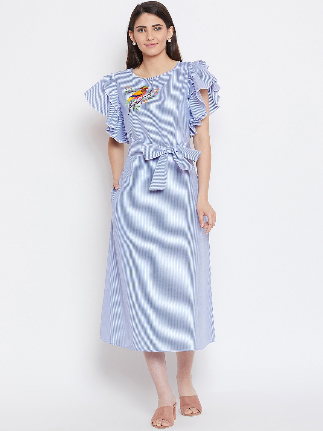 

Bitterlime Women Blue Striped Fit & Flare Dress
