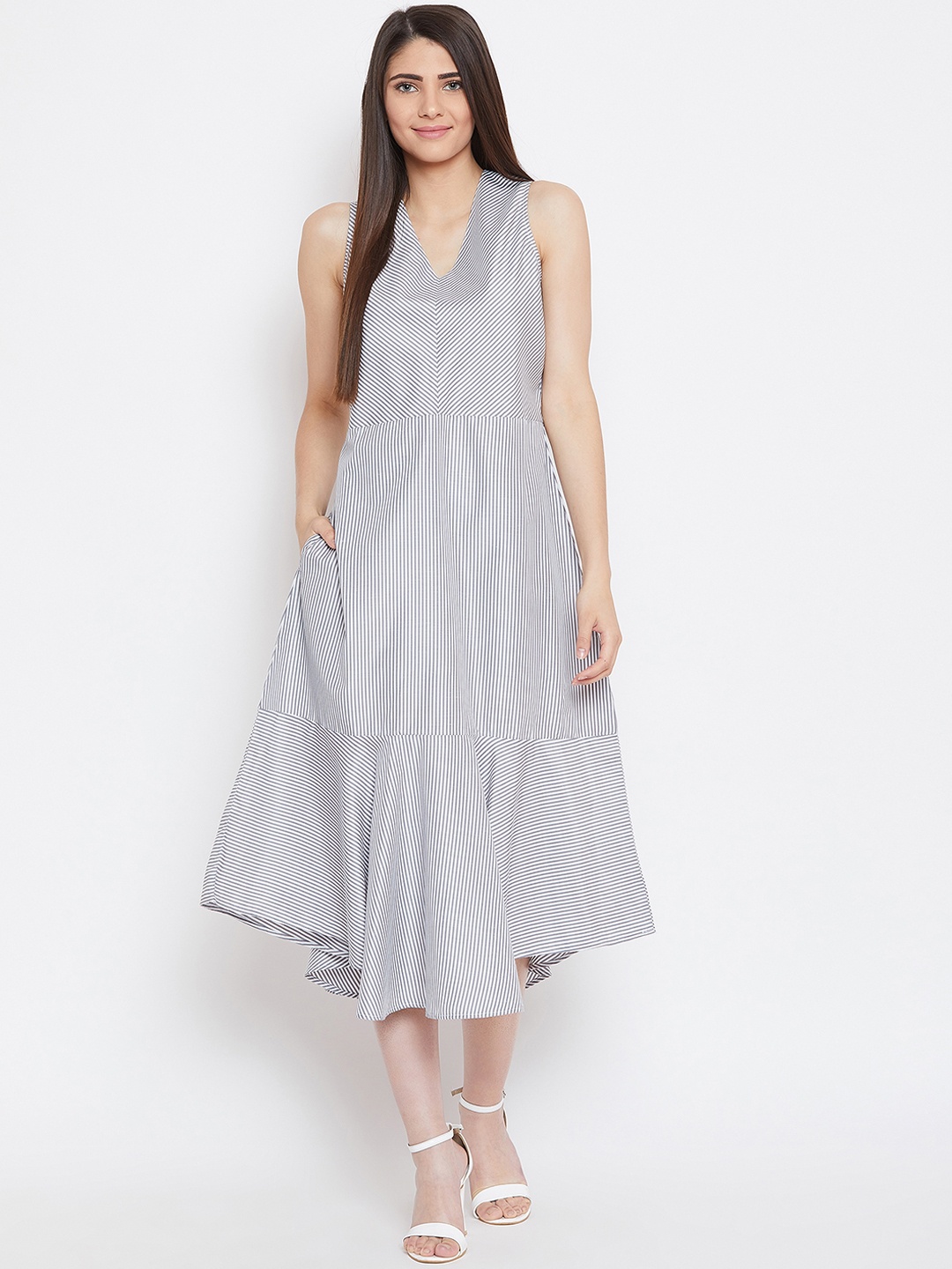 

Bitterlime Women Grey Striped Fit & Flare Dress