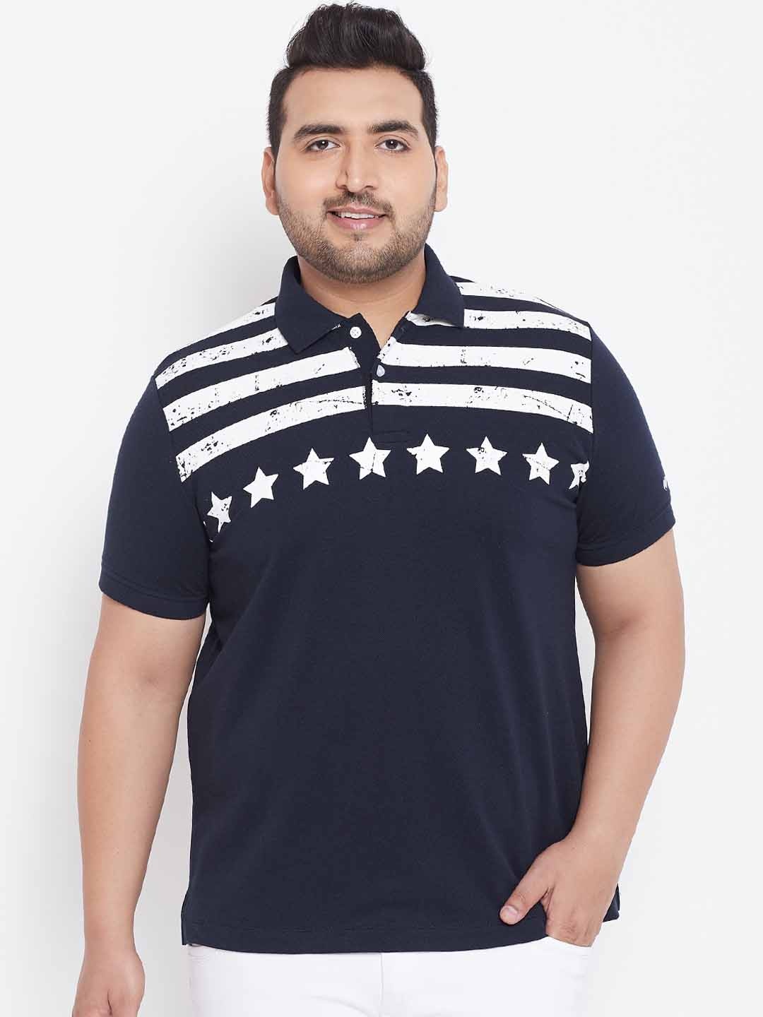 

bigbanana Plus Size Men Navy Blue Off-White Striped Polo Collar T-shirt