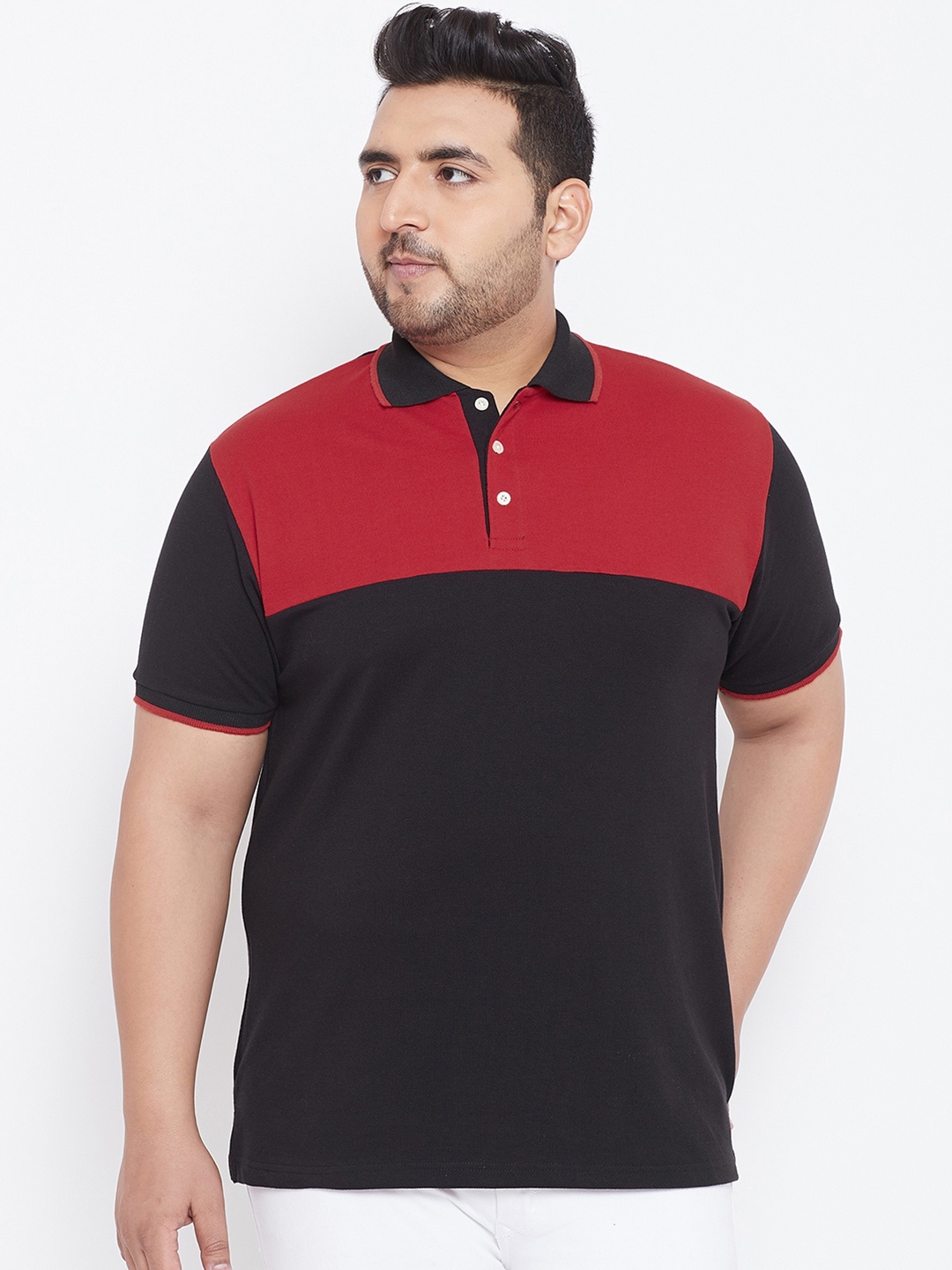 

bigbanana Plus Size Men Black Colourblocked Polo Collar Pure Cotton T-shirt