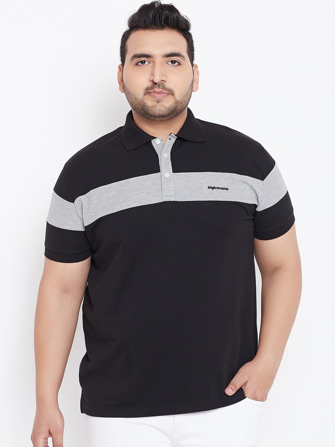

bigbanana Plus Size Men Black Grey Solid Polo Collar T-shirt