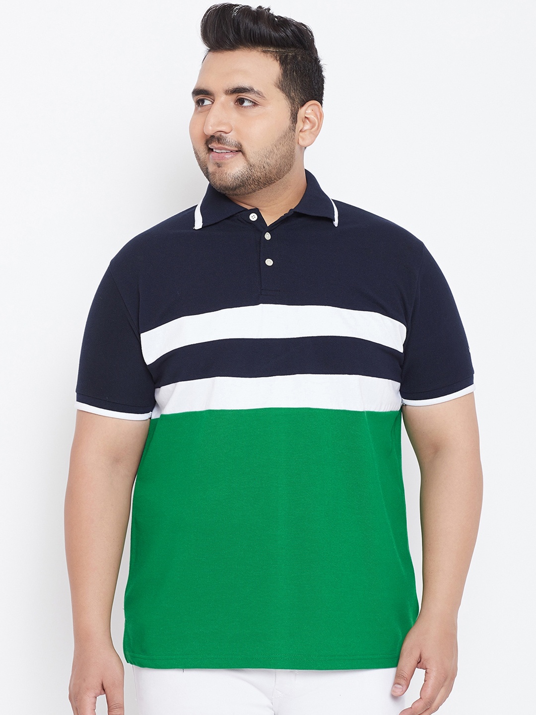

bigbanana Plus Size Men Navy Blue Colourblocked Polo Collar Pure Cotton T-shirt