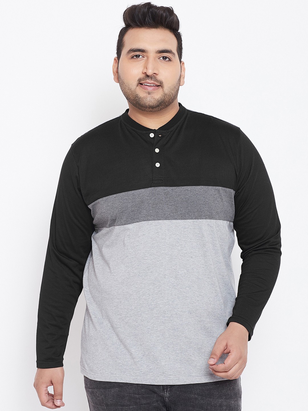 

bigbanana Plus Size Men Grey Black Colourblocked Henley Neck T-shirt