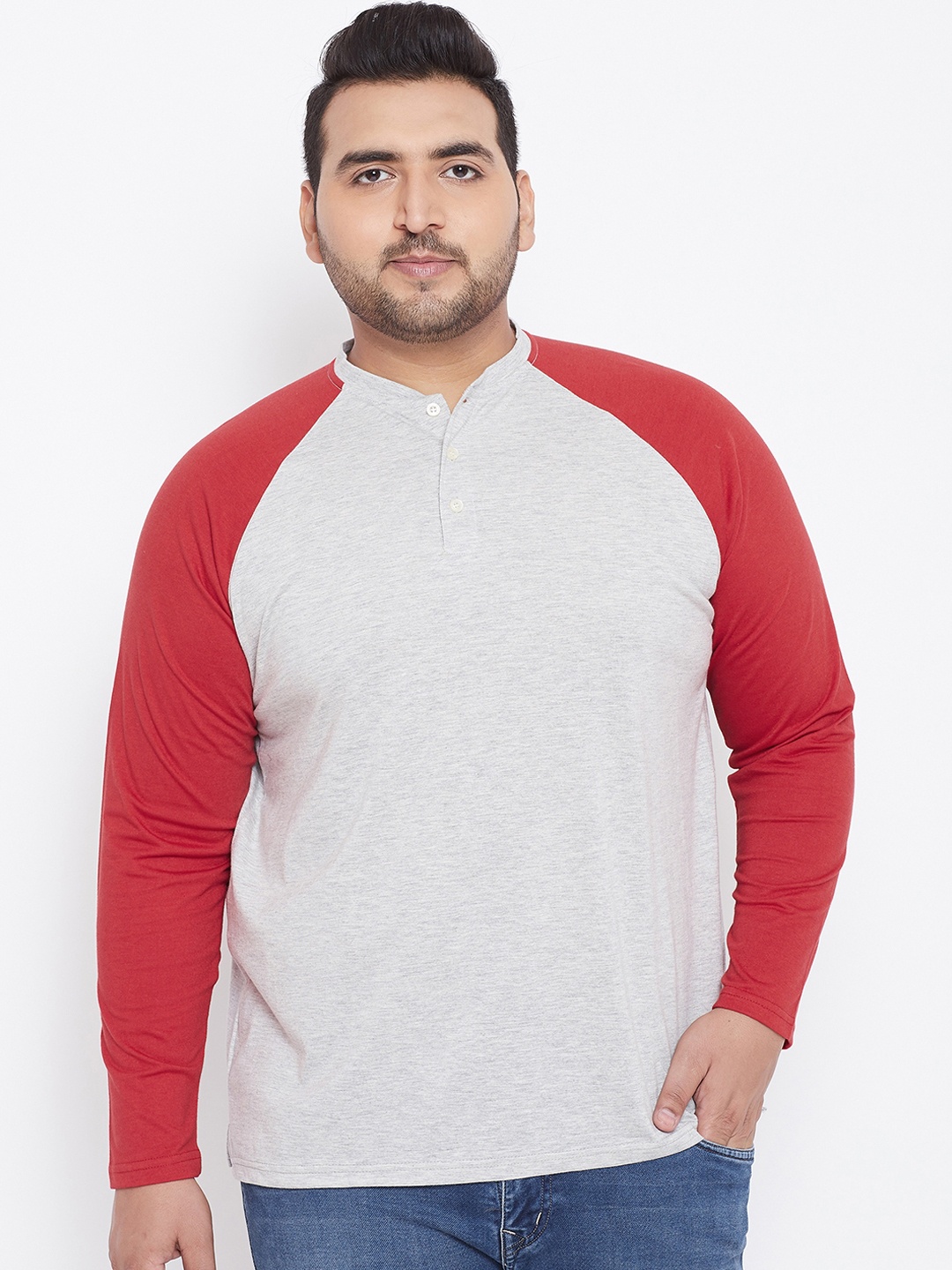 

bigbanana Plus Size Men Grey Red Solid Henley Neck T-shirt