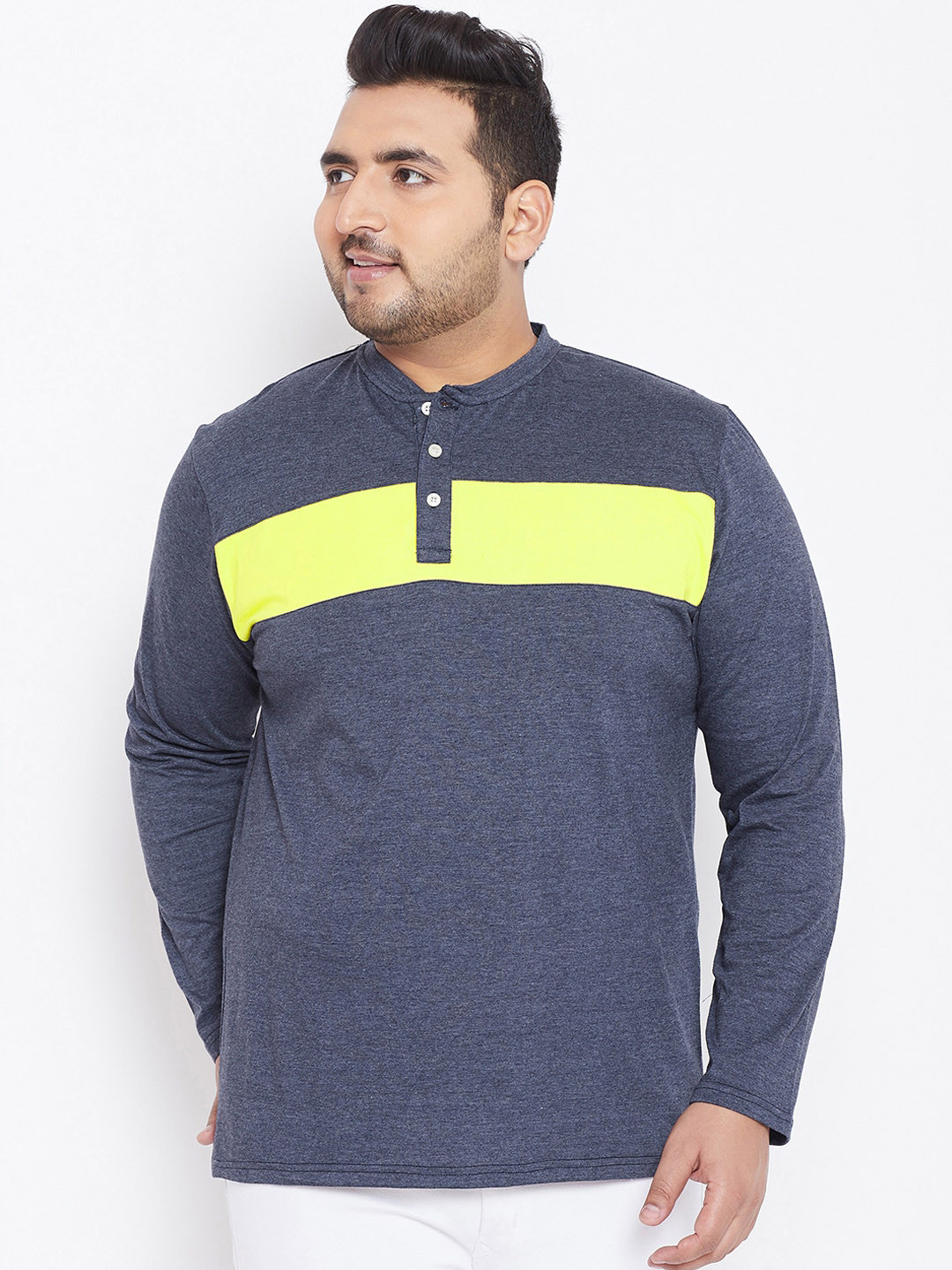 

bigbanana Plus Size Men Navy Blue Yellow Solid Henley Neck T-shirt