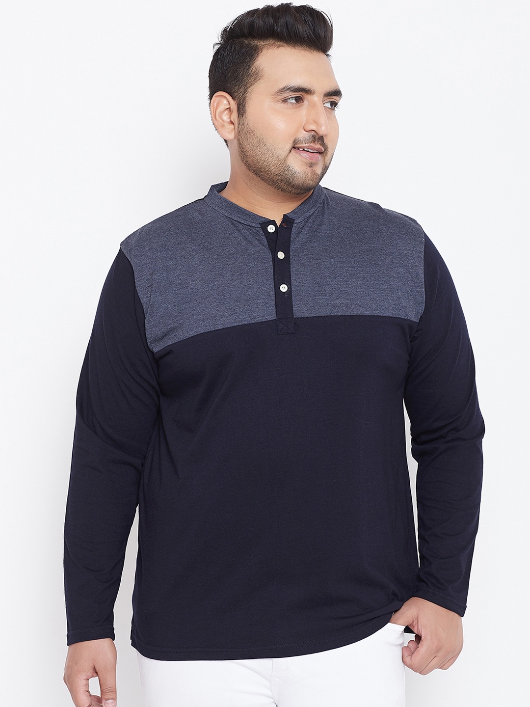 

bigbanana Plus Size Men Navy Blue Solid Henley Neck T-shirt