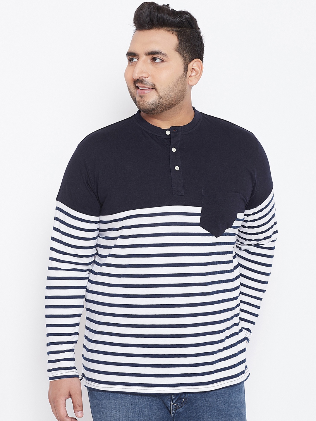 

bigbanana Plus Size Men White Black Striped Henley Neck T-shirt