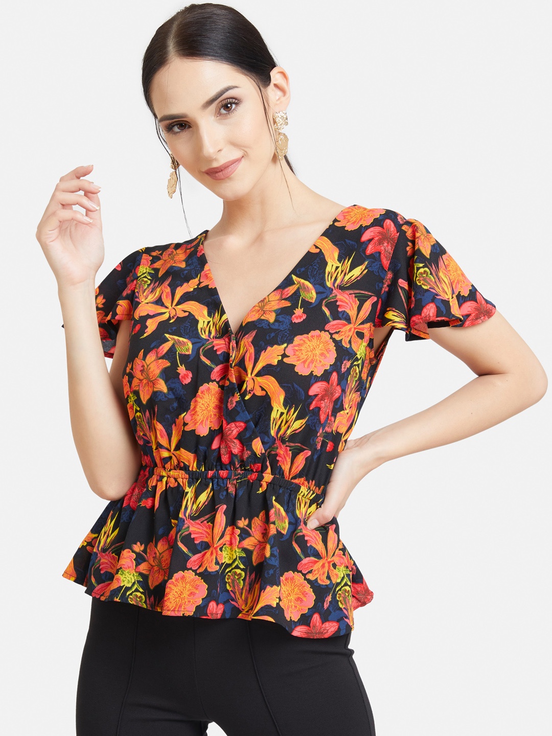 

Kazo Women Black Printed Cinched Waist Top