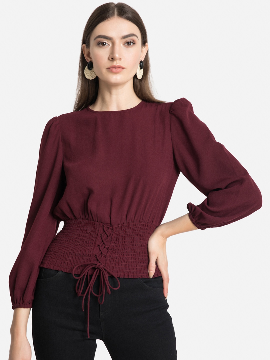 

Kazo Women Maroon Solid Blouson Top