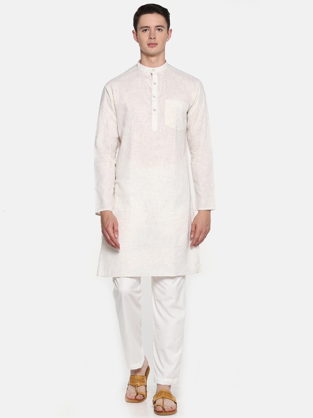 

Shaftesbury London Men Beige & White Self-Checked Kurta with Pyjamas