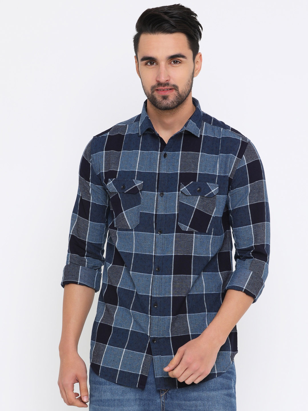

WITH Men Navy Blue & Black Slim Fit Checked Casual Shirt