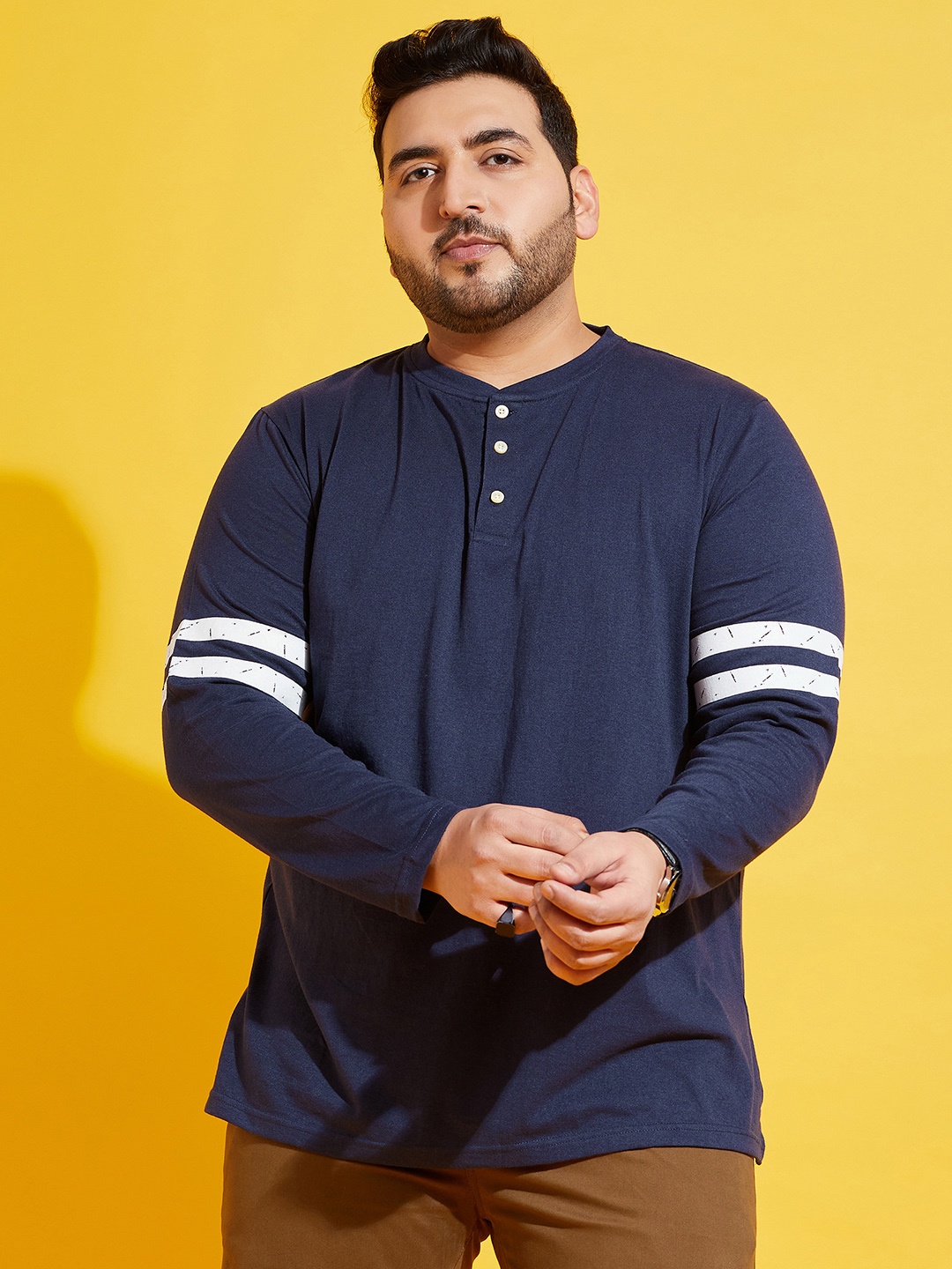 

bigbanana Plus Size Men Navy Blue Solid Mandarin Collar Pure Cotton T-shirt